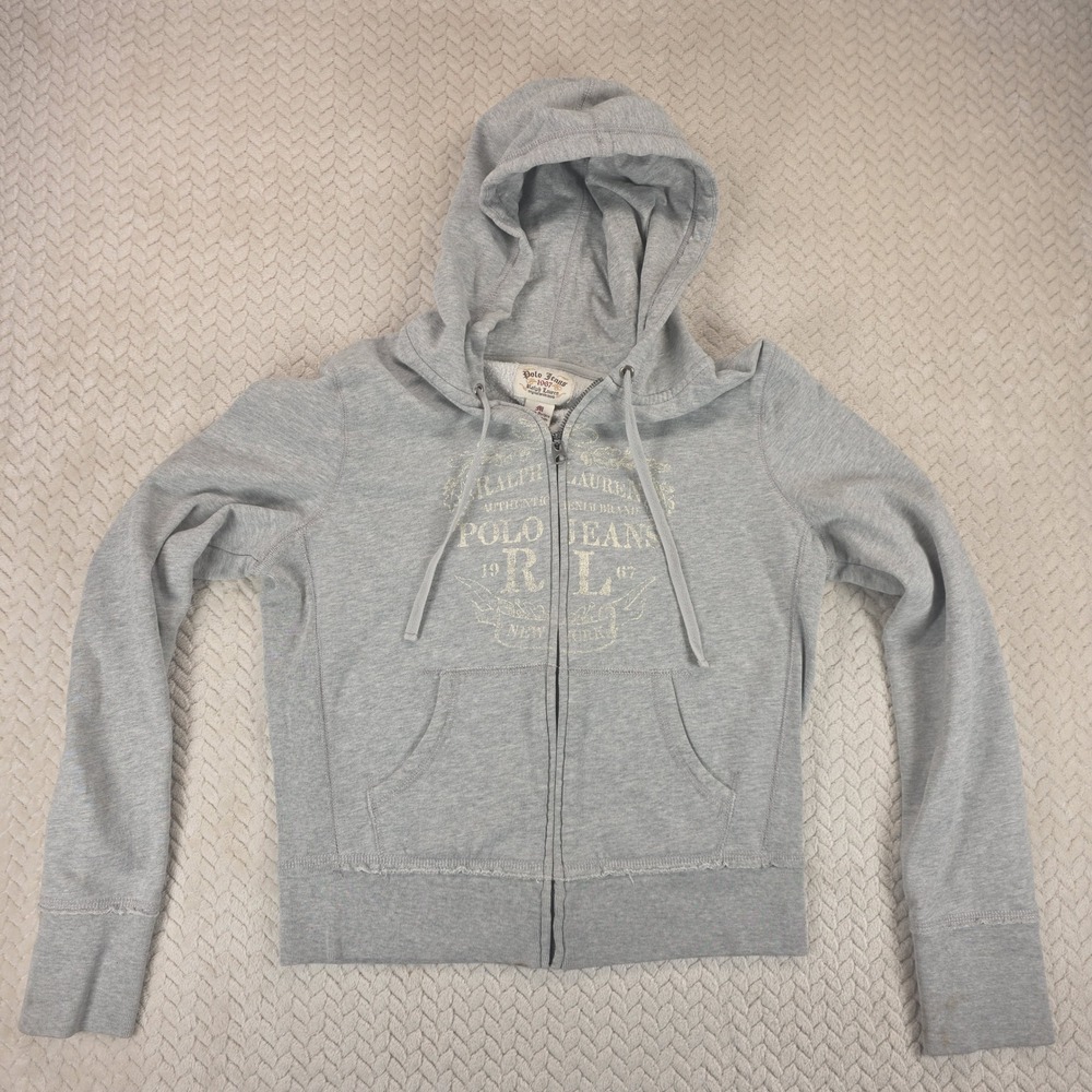 Y2K Polo Jeans Co Ralph Lauren Gray Full Zip Hoodie Distressed Graphic Size M